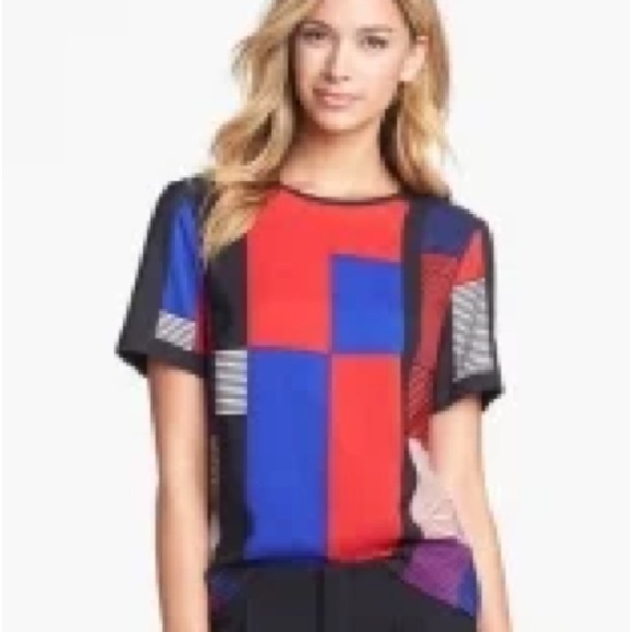 Vince Camuto Colorblock Black/Blue/Green/White Geometric Short Sleeve Blouse SP - Picture 11 of 11